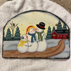 Snowman family painted slate sign winter decoration inside or outside 9.5” x 13”